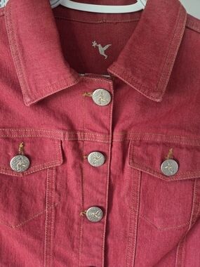 Red Denim Jacket with Contrast Stitching - Women's